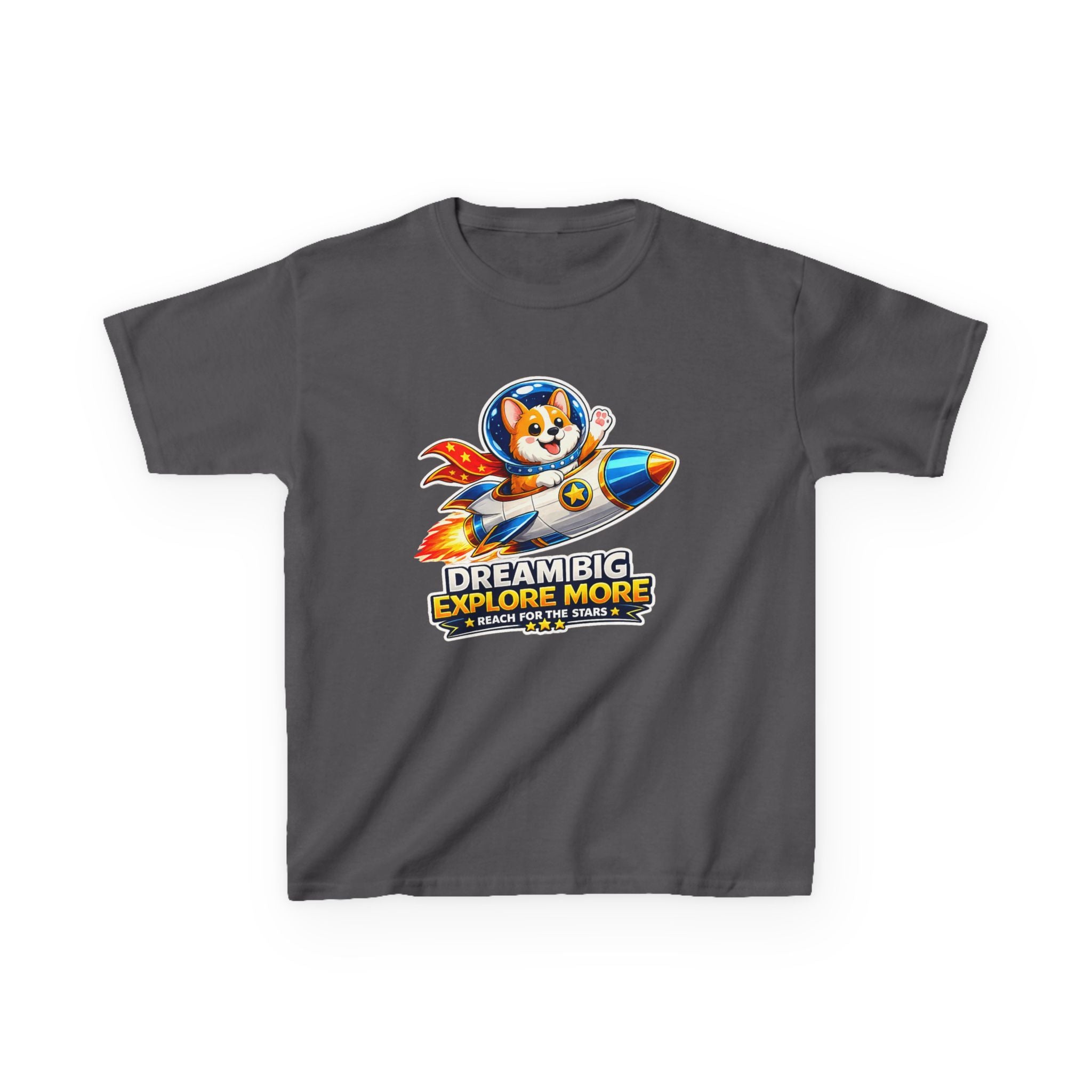Kids Tee — "Dream Big Explore More" Rocket Dog Space Graphic
