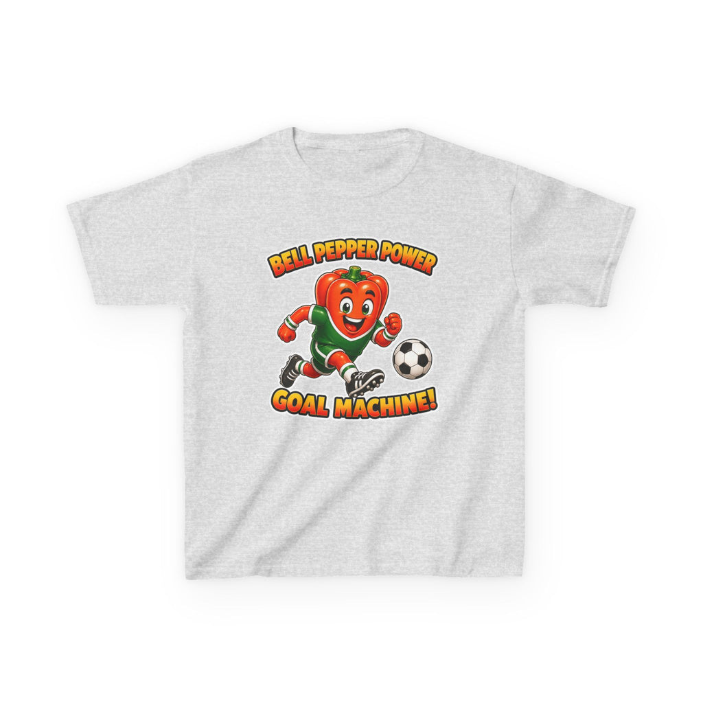 Kids Soccer T-Shirt — 'Bell Pepper Power' Goal Machine Cute Veggie Mascot Graphic Tee
