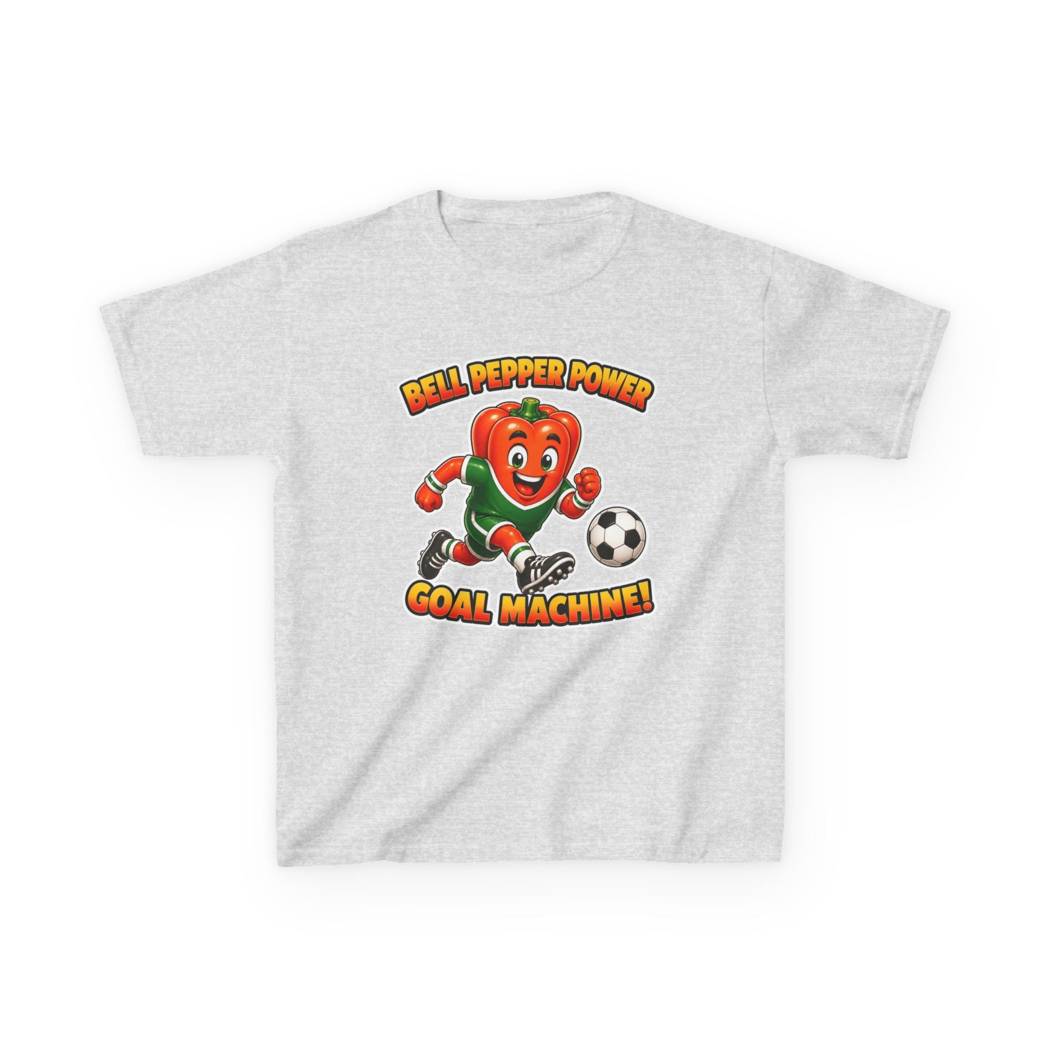 Kids Soccer T-Shirt — 'Bell Pepper Power' Goal Machine Cute Veggie Mascot Graphic Tee