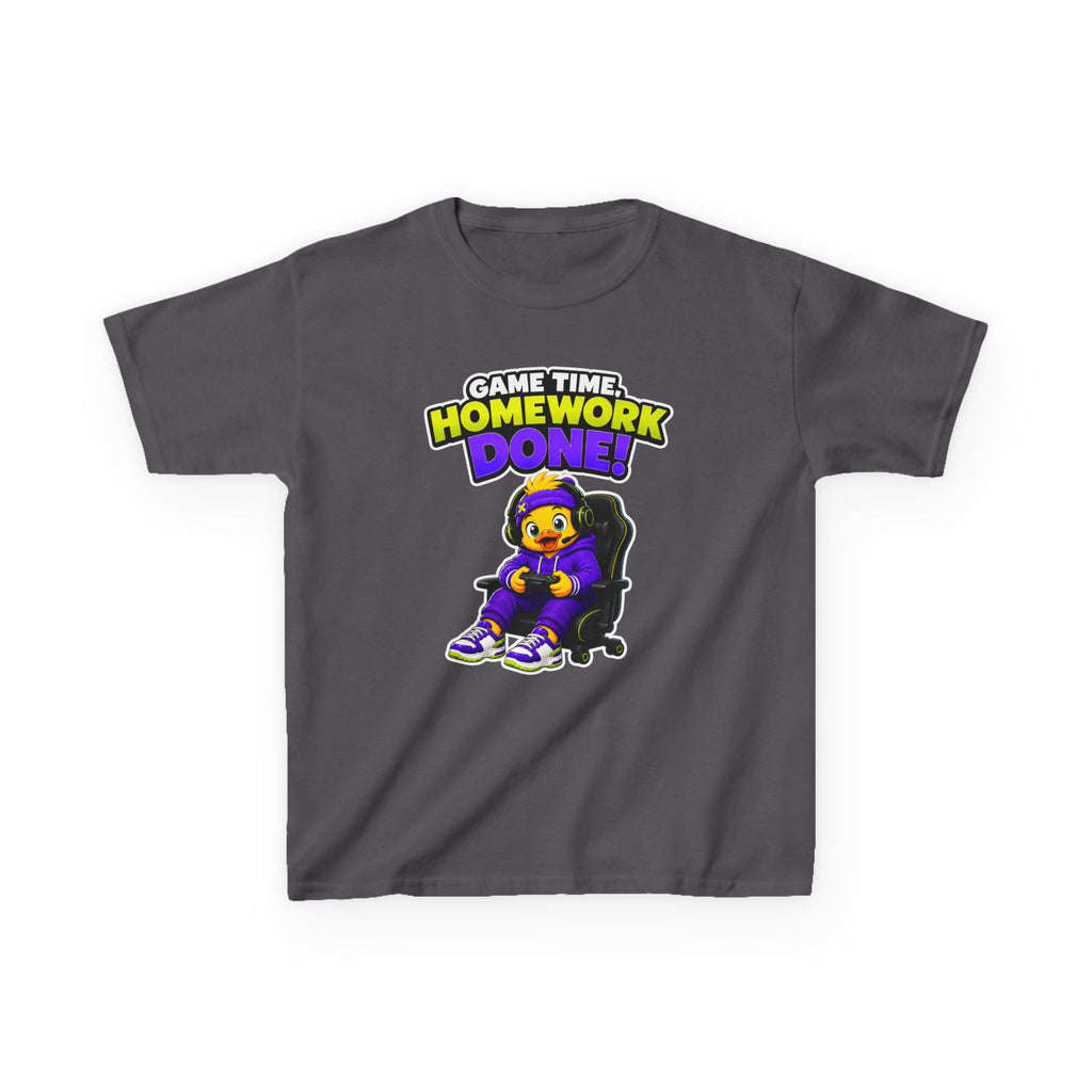 Kids Gamer T-Shirt — 'Game Time, Homework Done!' Gamer Cartoon Graphic Tee
