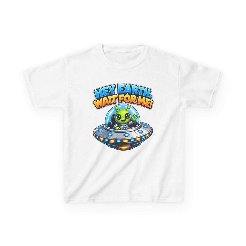 Kidxtr™ Kids Space T-Shirt — 'Hey Earth, Wait For Me!' Alien Spaceship Graphic Tee