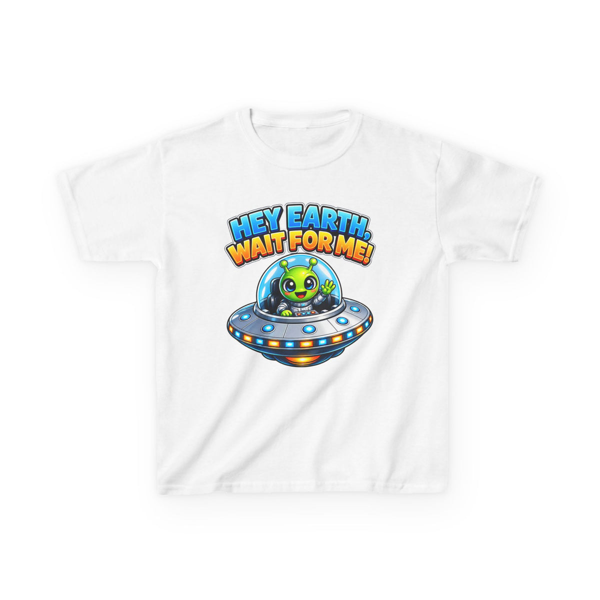 Kidxtr™ Kids Space T-Shirt — 'Hey Earth, Wait For Me!' Alien Spaceship Graphic Tee