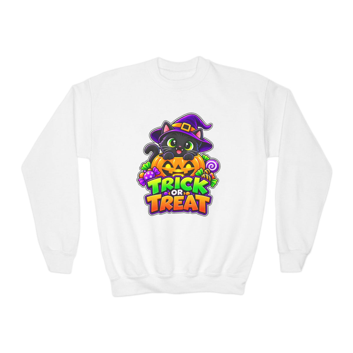 Kidxtr™ Kids Halloween Sweatshirt — 'Trick or Treat' Black Cat in Pumpkin Graphic Crewneck