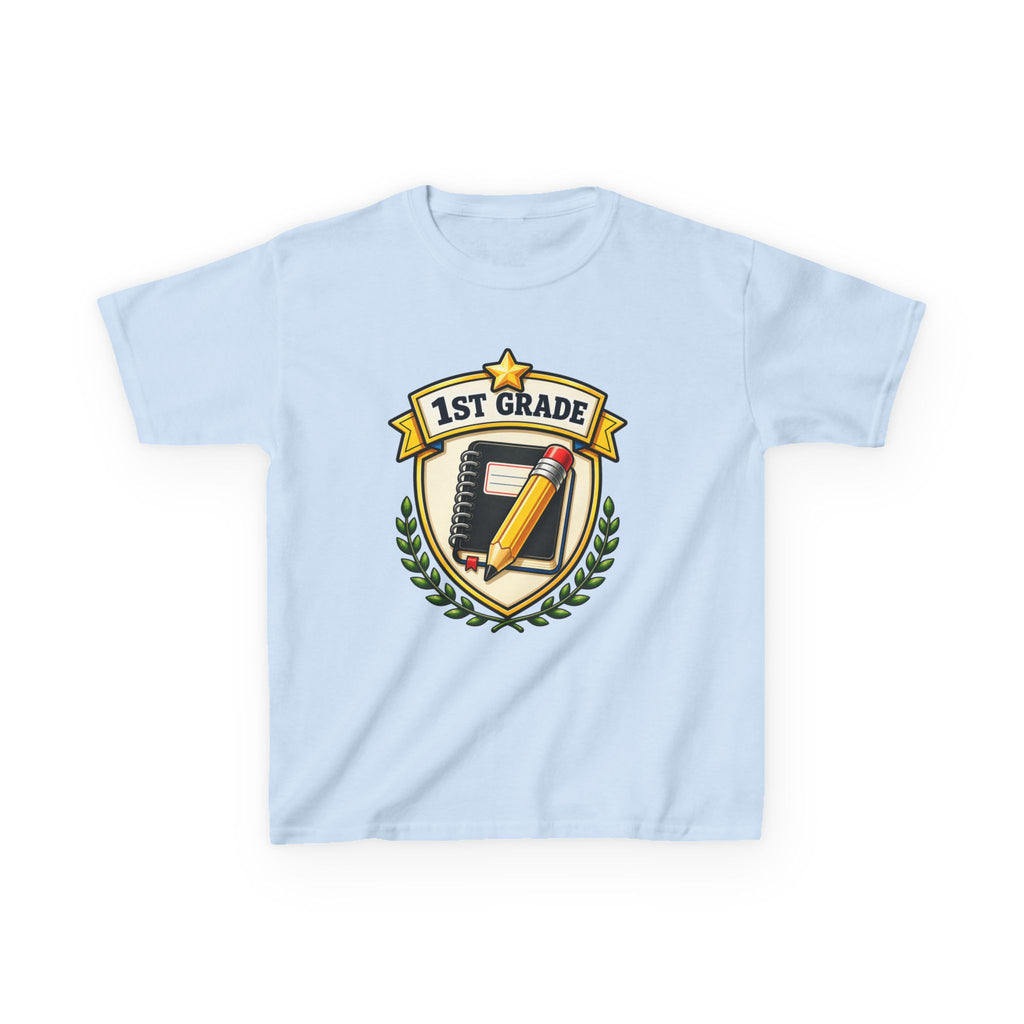 Kids 1st Grade T-Shirt — 'First Day Ready' Pencil & Notebook Badge Graphic Tee