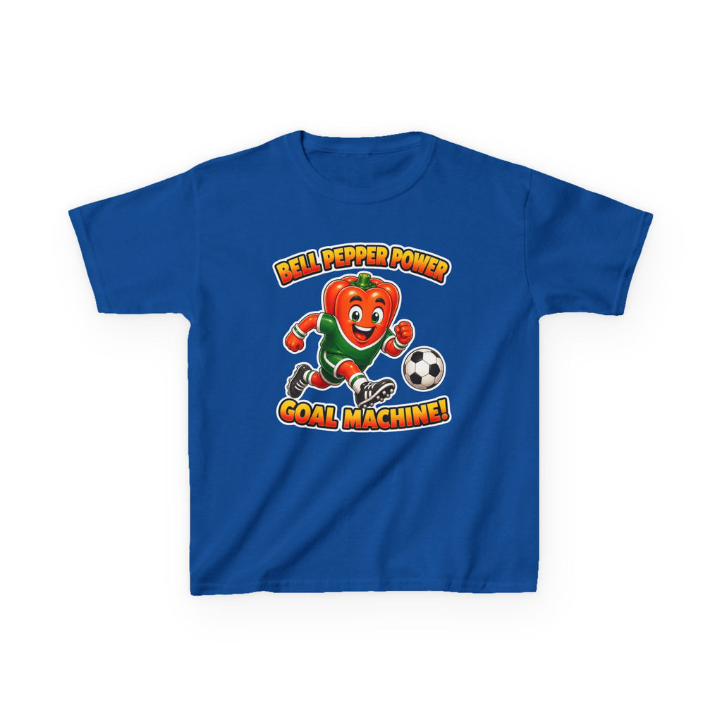 Kids Soccer T-Shirt — 'Bell Pepper Power' Goal Machine Cute Veggie Mascot Graphic Tee