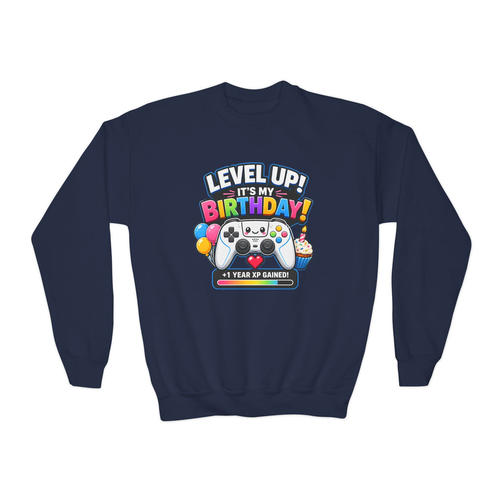 Kidxtr™ Kids Birthday Crewneck — 'Level Up, It’s My Birthday' Cartoon Graphic Sweatshirt