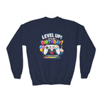 Kidxtr™ Kids Birthday Crewneck — 'Level Up, It’s My Birthday' Cartoon Graphic Sweatshirt
