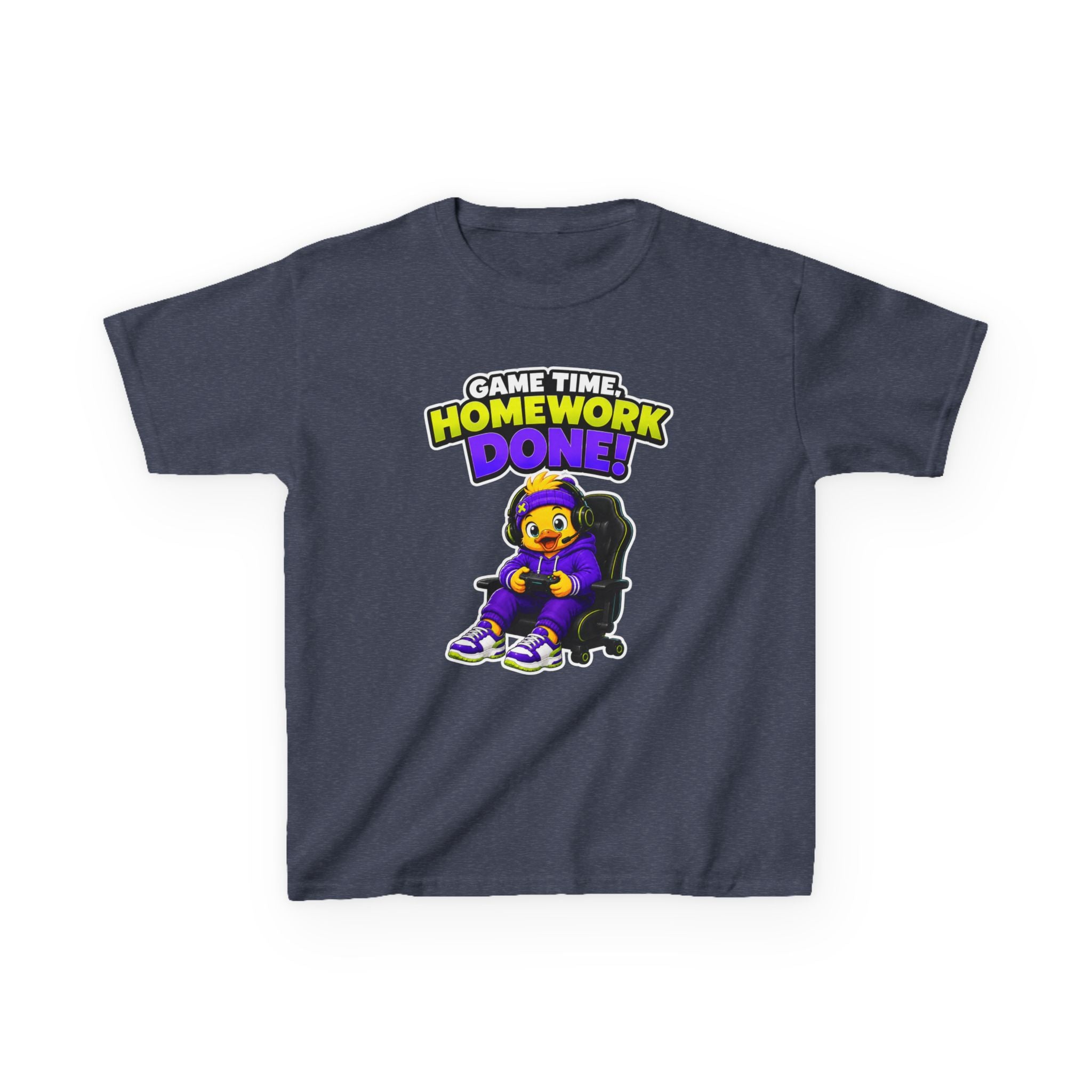 Kids Gamer T-Shirt — 'Game Time, Homework Done!' Gamer Cartoon Graphic Tee