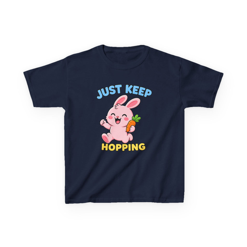 Kids Tee — “Just Keep Hopping” Cute Bunny Carrot Graphic