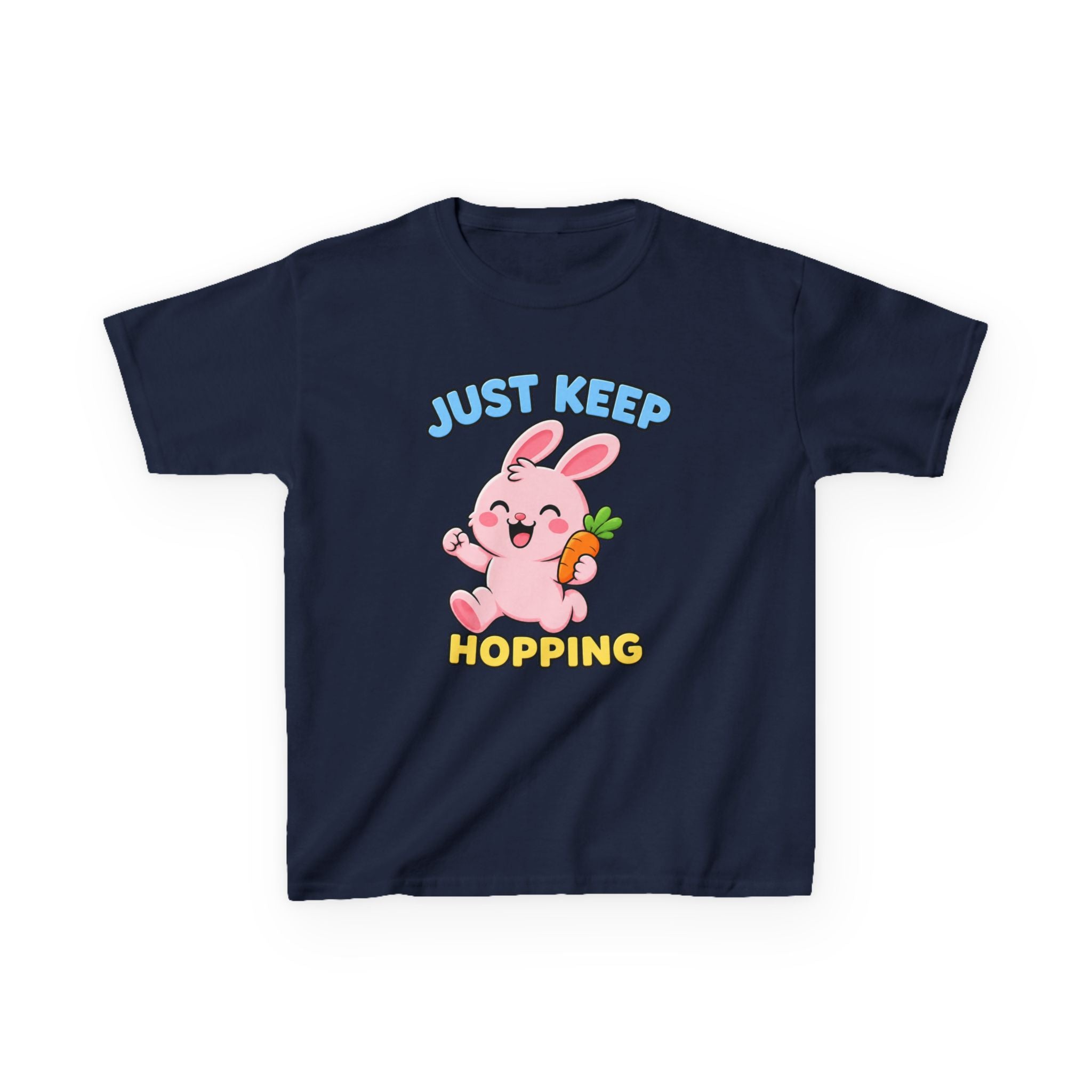 Kids Tee — “Just Keep Hopping” Cute Bunny Carrot Graphic