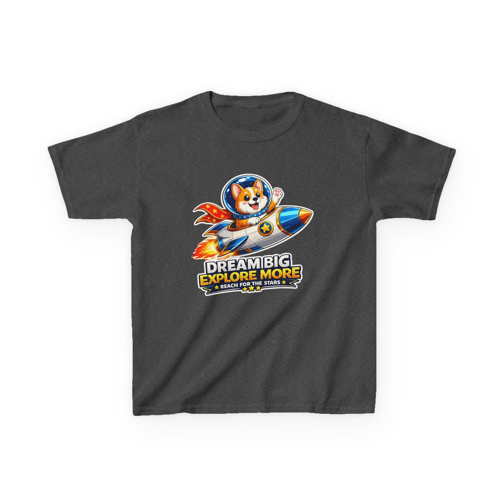 Kids Tee — "Dream Big Explore More" Rocket Dog Space Graphic