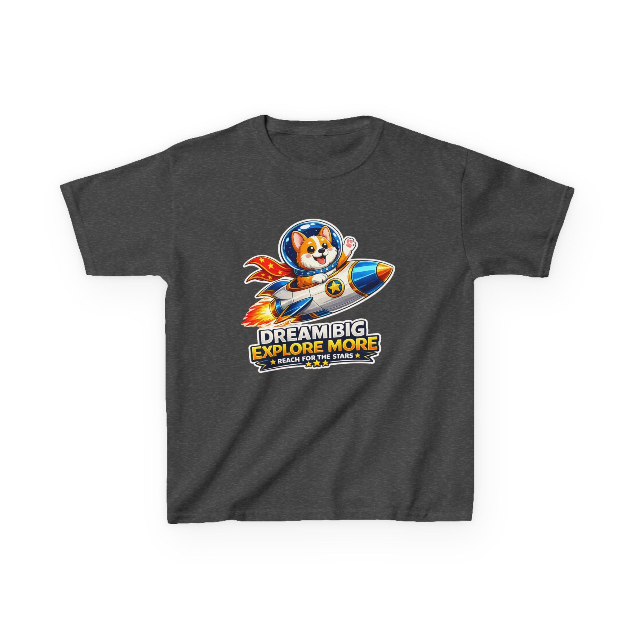 Kids Tee — "Dream Big Explore More" Rocket Dog Space Graphic