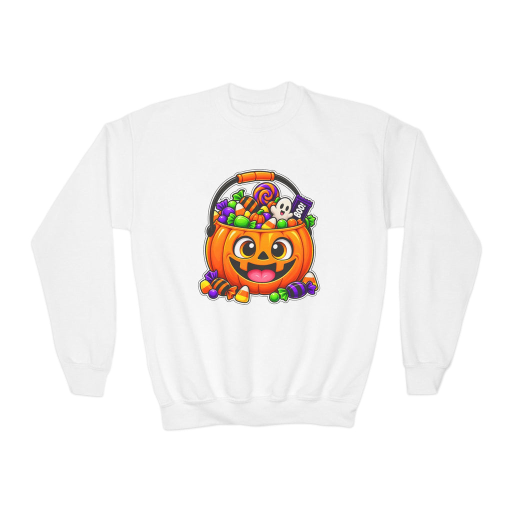 Kidxtr™ Kids Pumpkin Sweatshirt — 'Trick or Treat' Jack-O-Lantern Candy Basket Graphic Crewneck