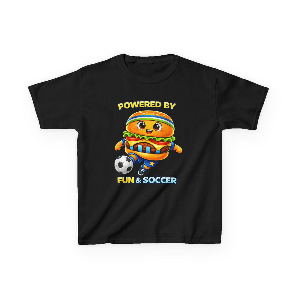 Kids Soccer T-Shirt — 'Powered by Fun & Soccer' Burger Graphic Tee