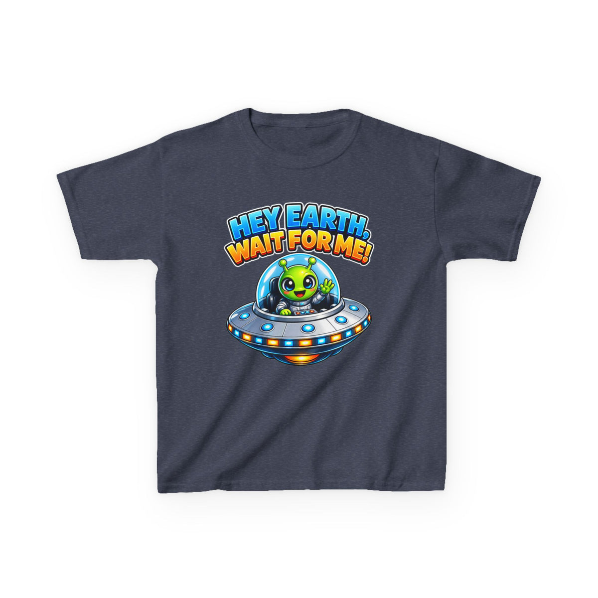 Kidxtr™ Kids Space T-Shirt — 'Hey Earth, Wait For Me!' Alien Spaceship Graphic Tee