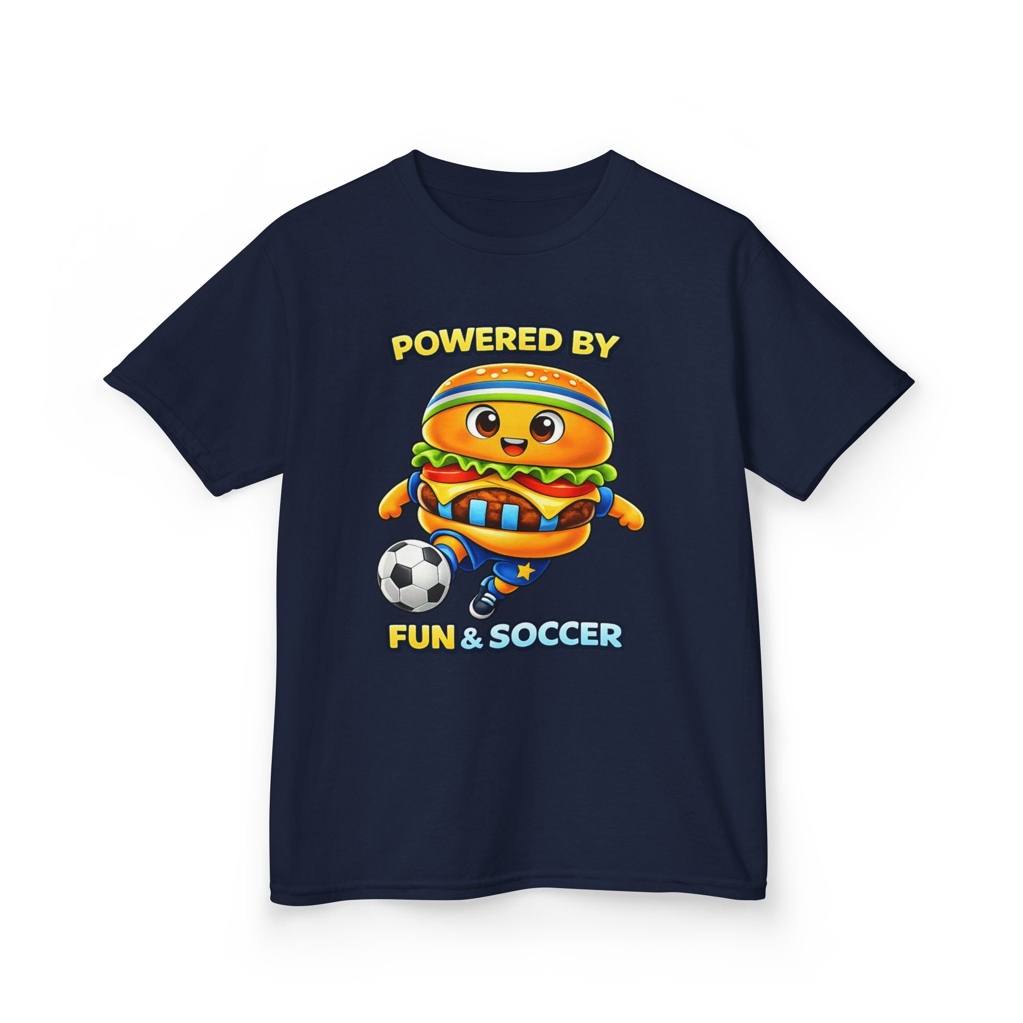 Kids Soccer T-Shirt — 'Powered by Fun & Soccer' Burger Graphic Tee