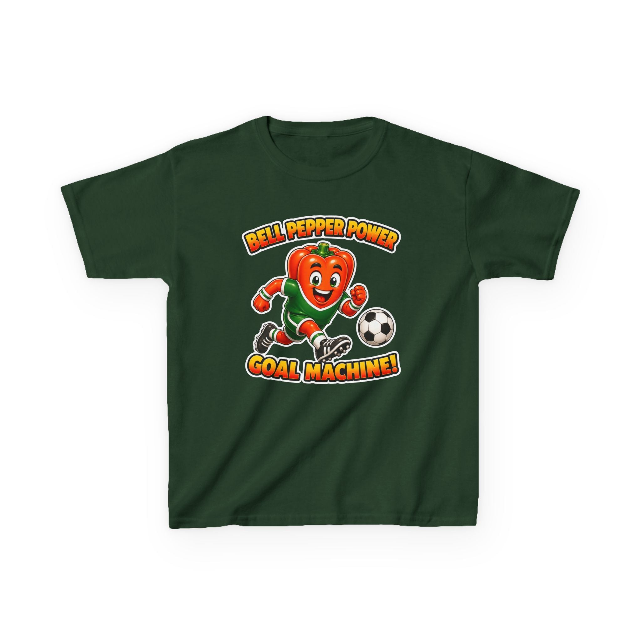 Kids Soccer T-Shirt — 'Bell Pepper Power' Goal Machine Cute Veggie Mascot Graphic Tee