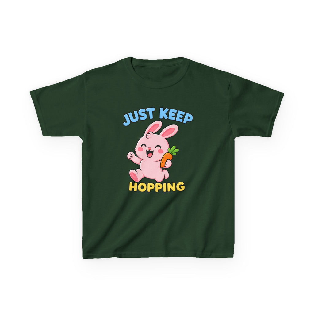 Kids Tee — “Just Keep Hopping” Cute Bunny Carrot Graphic