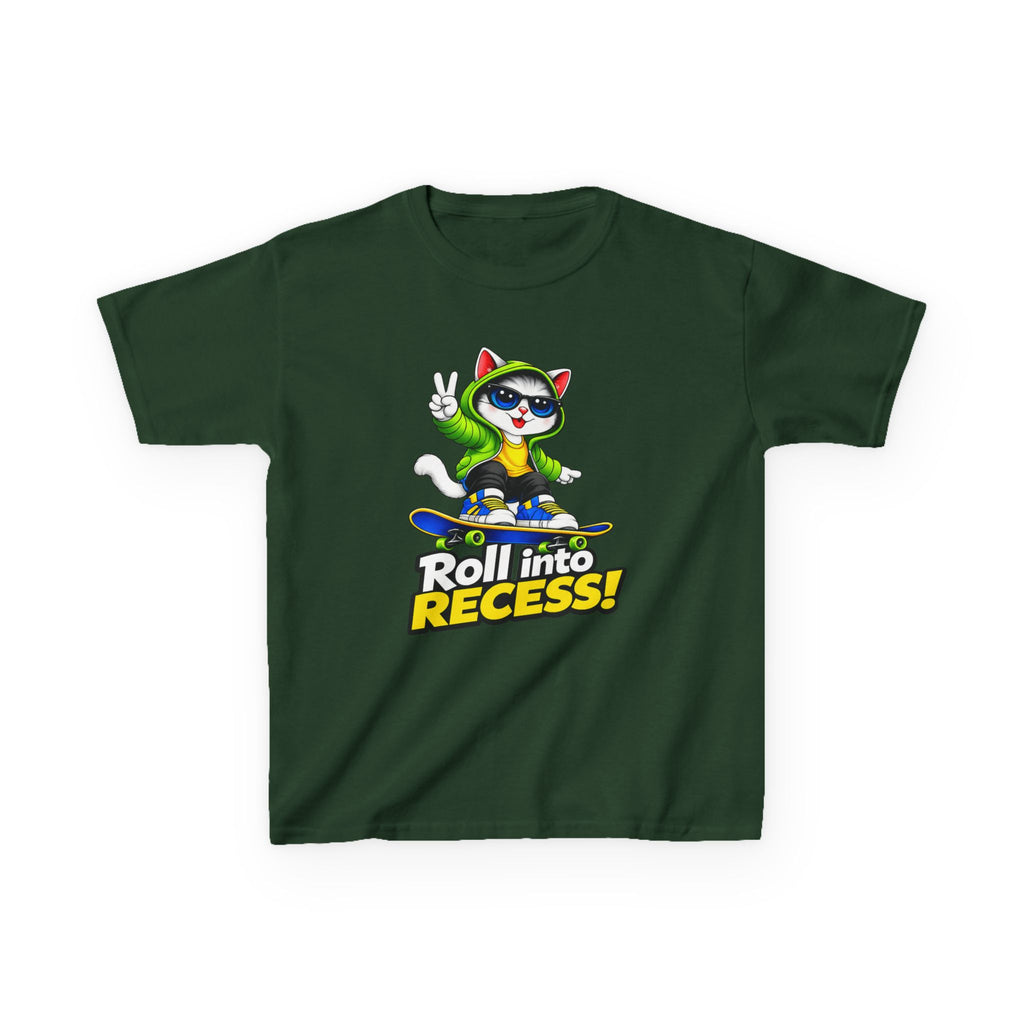 Kids Skateboarding Cat T-Shirt — 'Roll into Recess!' Graphic Tee
