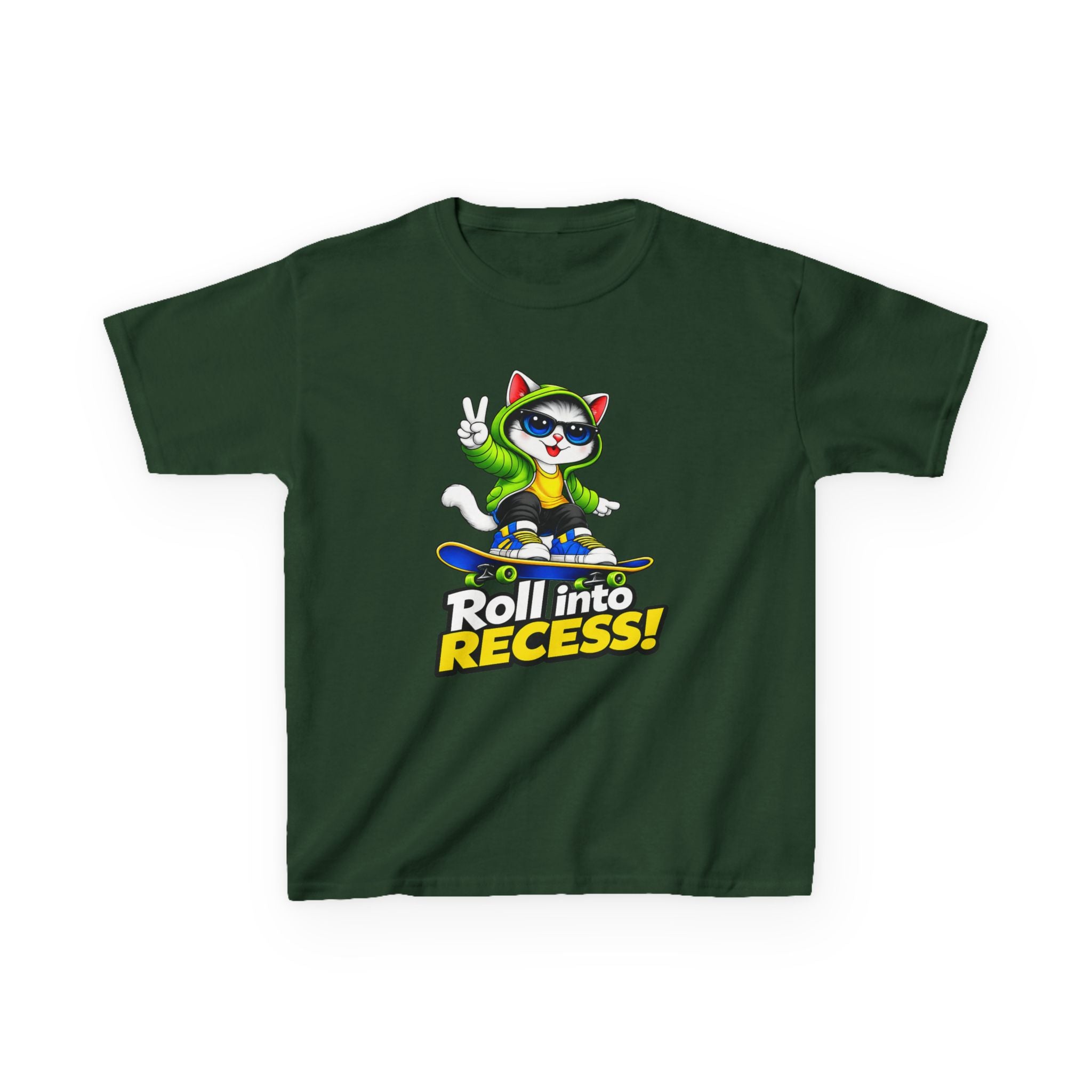 Kids Skateboarding Cat T-Shirt — 'Roll into Recess!' Graphic Tee
