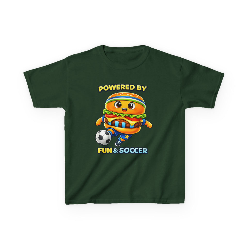 Kids Soccer T-Shirt — 'Powered by Fun & Soccer' Burger Graphic Tee