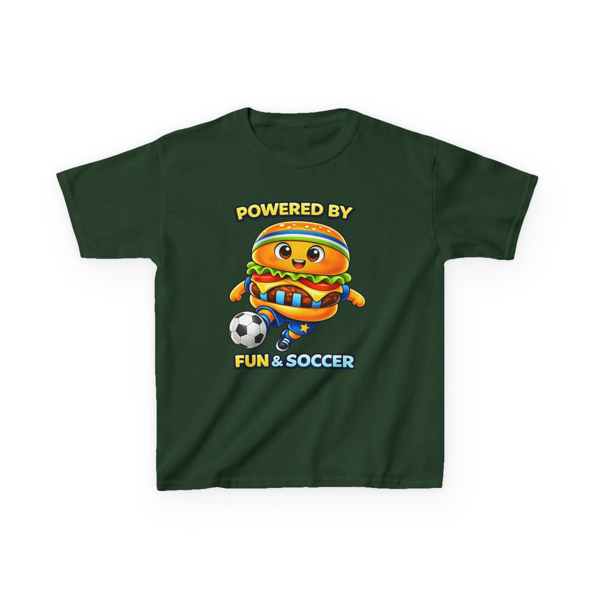 Kids Soccer T-Shirt — 'Powered by Fun & Soccer' Burger Graphic Tee