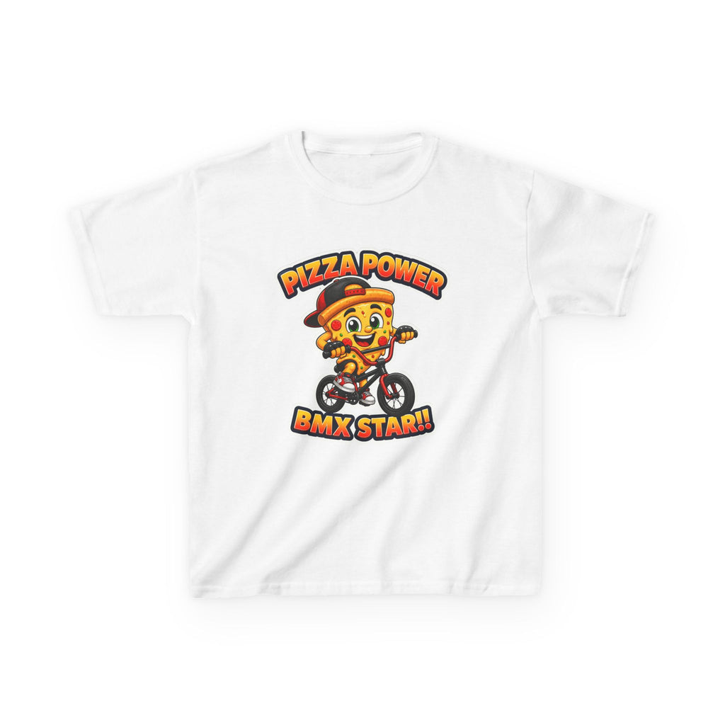 Kids BMX T-Shirt — 'Pizza Power' Cute Pizza Character Riding Bike Graphic Tee