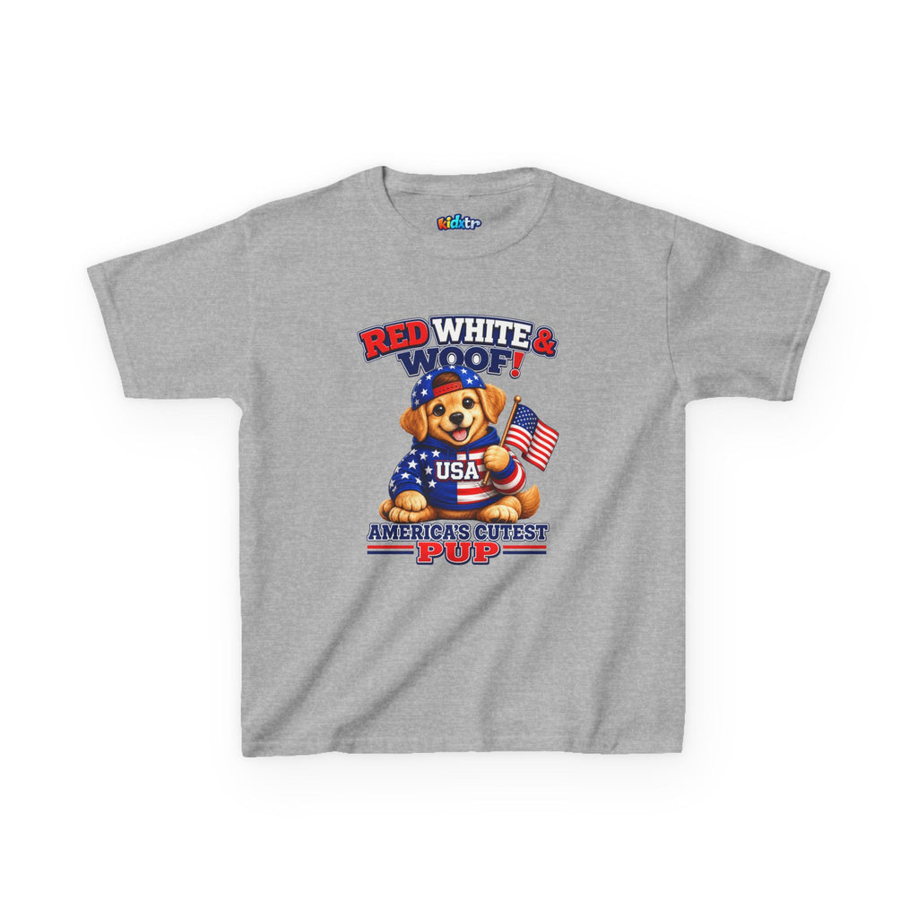 Kidxtr™ Kids Patriotic T-Shirt — 'Red White & Woof!' USA Dog Graphic Tee