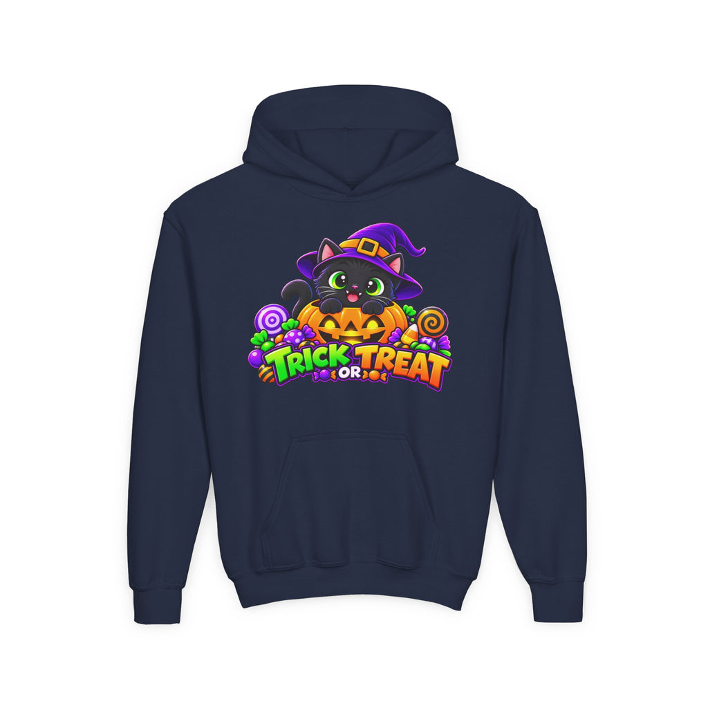 Kidxtr™ Kids Halloween Hoodie — 'Trick or Treat' Black Cat in Pumpkin Graphic Hoodie