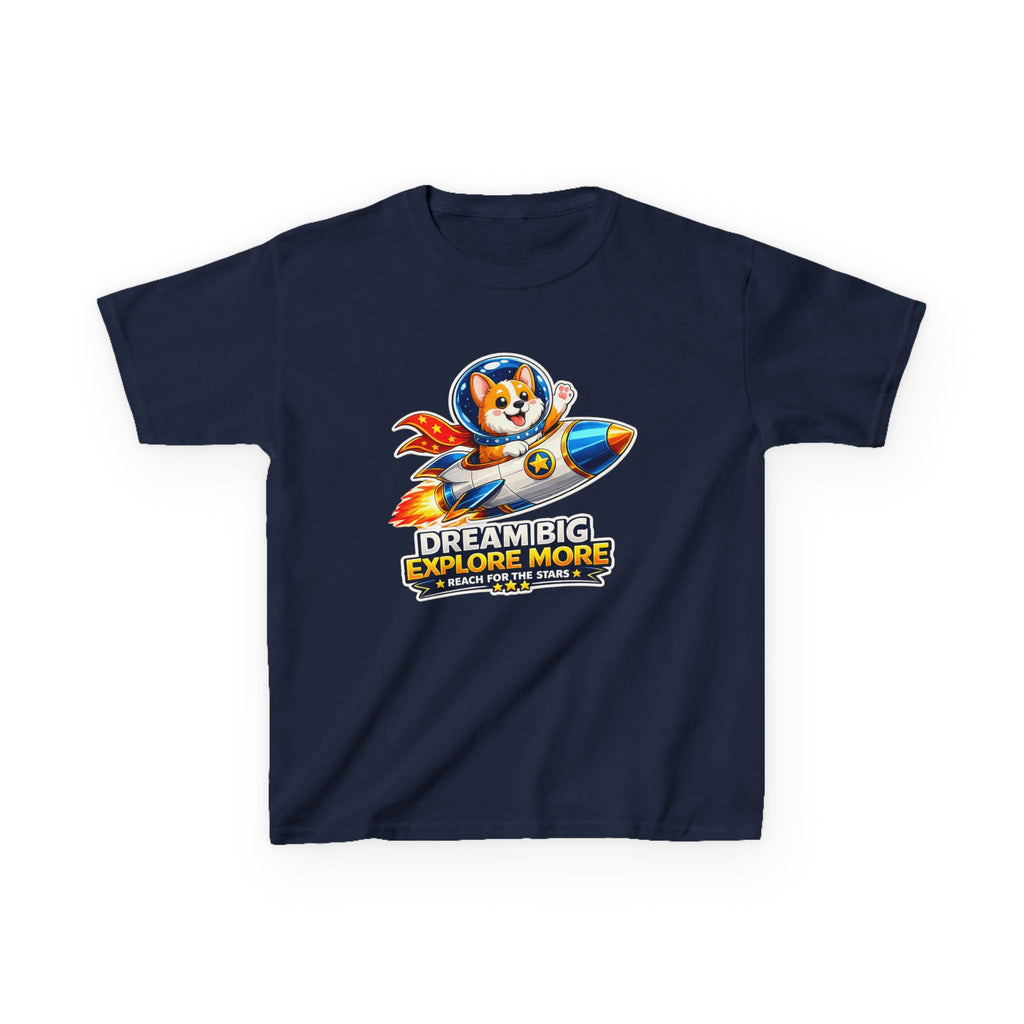 Kids Tee — "Dream Big Explore More" Rocket Dog Space Graphic
