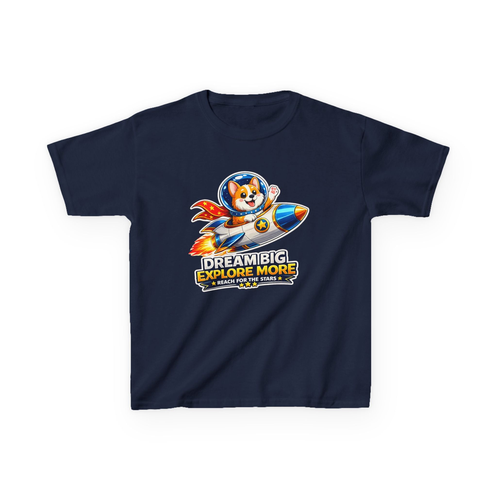 Kids Tee — "Dream Big Explore More" Rocket Dog Space Graphic