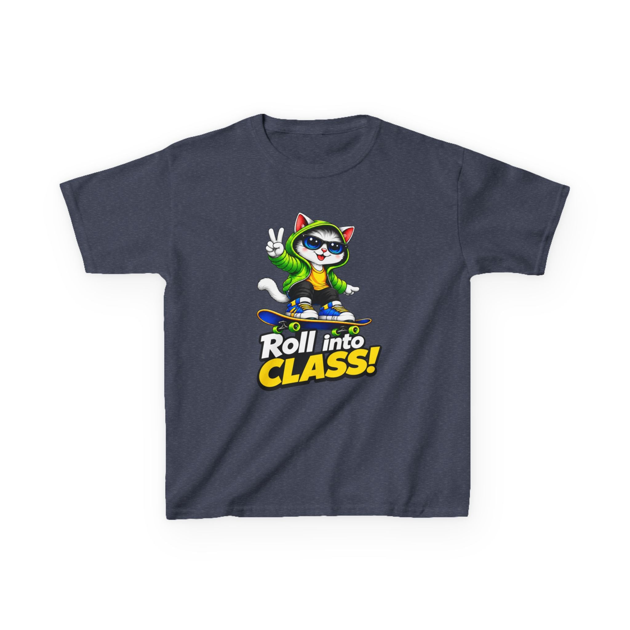 Kids Skateboarding Cat T-Shirt — 'Roll into Class!' Back-to-School Graphic Tee