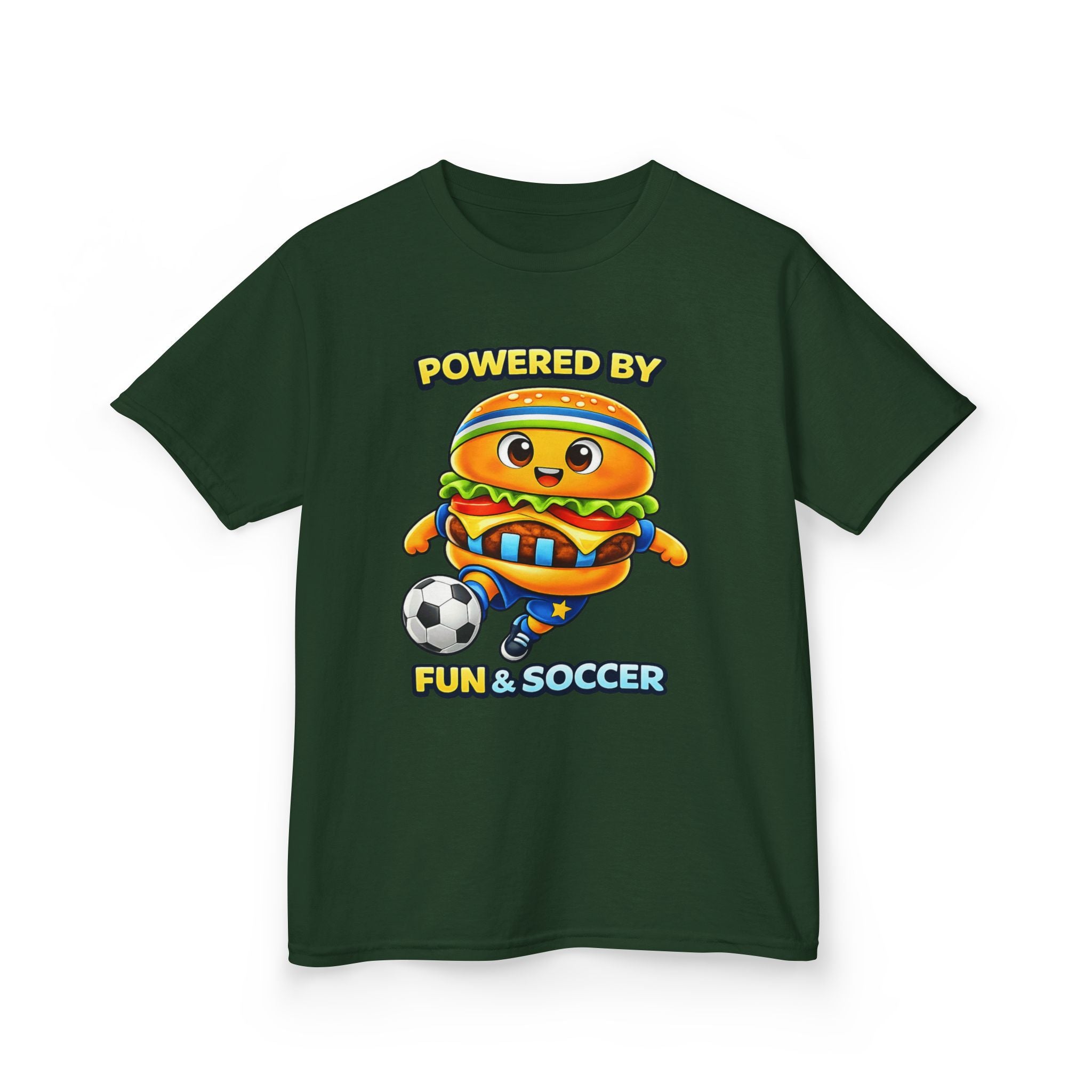 Kids Soccer T-Shirt — 'Powered by Fun & Soccer' Burger Graphic Tee