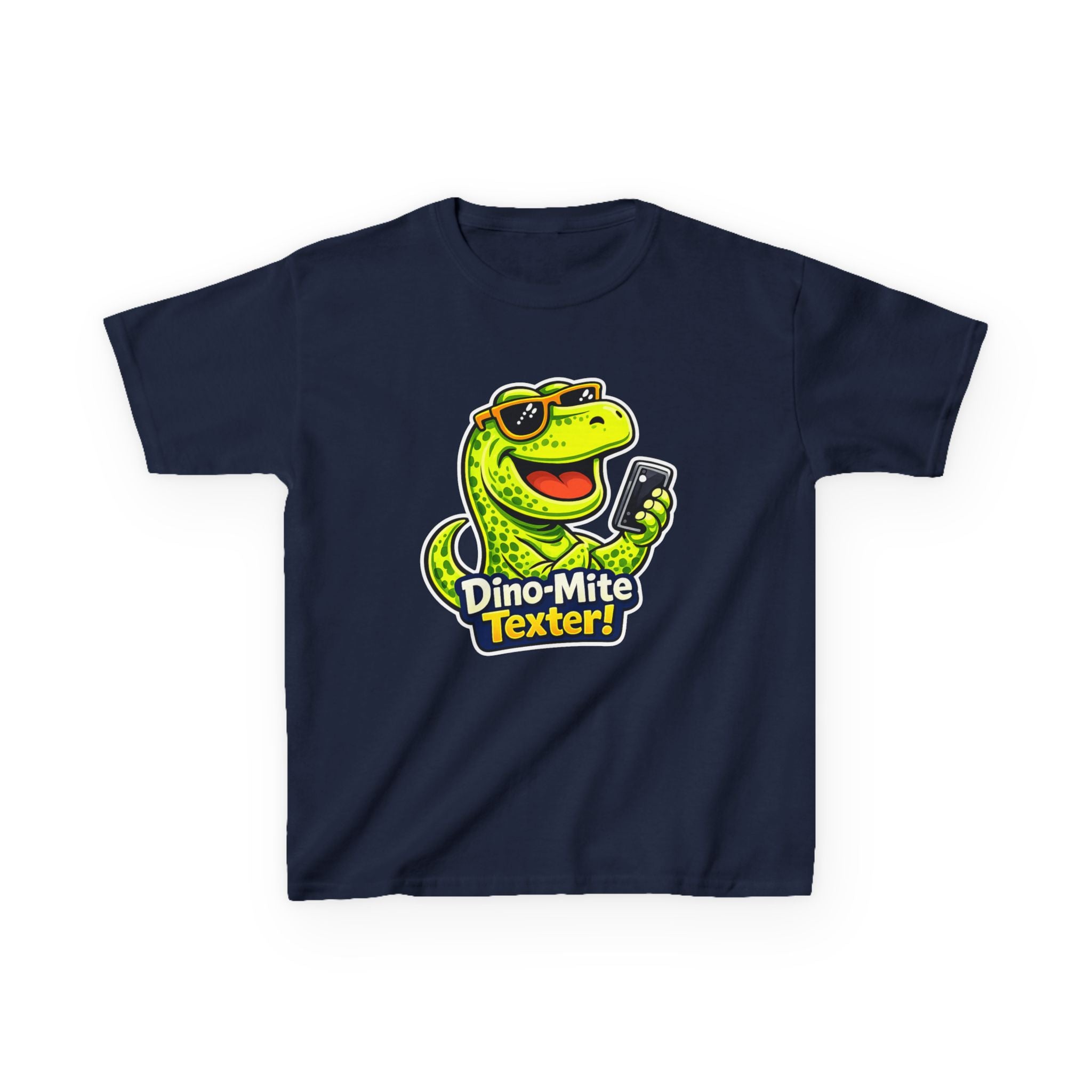 Kids Dinosaur T-Shirt — 'Dino-Mite Texter' Cartoon Dinosaur Graphic Tee