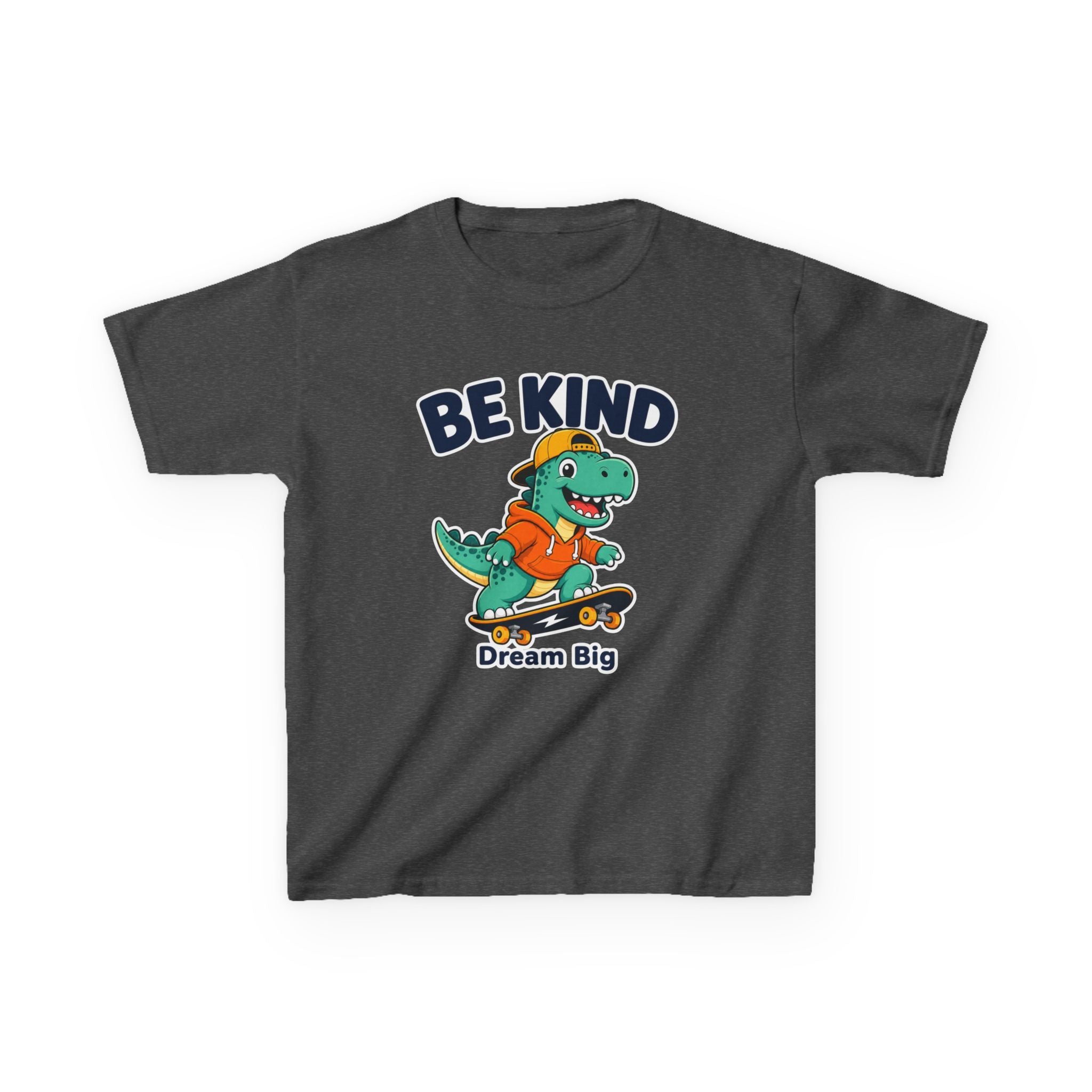 Kids Kindness T-Shirt — 'Be Kind' Skateboarding Dinosaur Graphic Tee