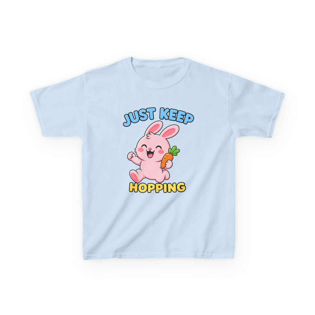 Kids Tee — “Just Keep Hopping” Cute Bunny Carrot Graphic