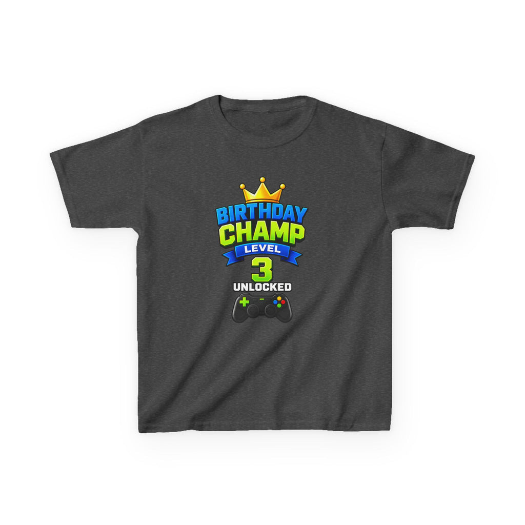 Kids Birthday T-Shirt — 'Birthday Champ' Level 3 Gamer Crown Graphic Tee