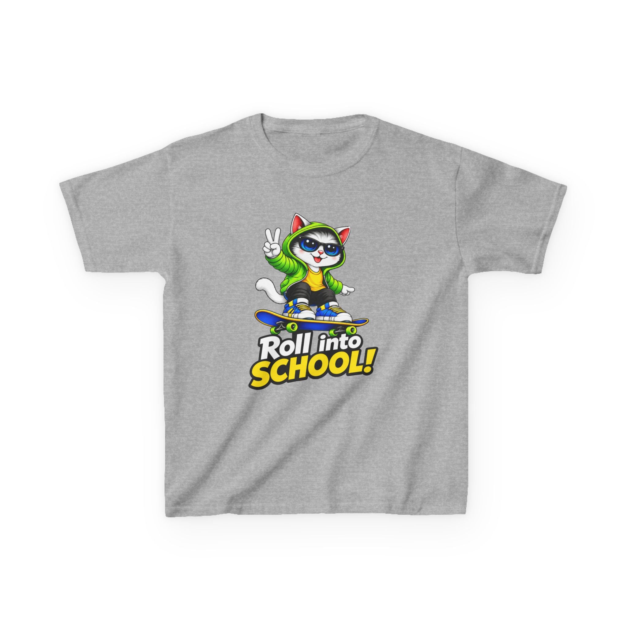 Kids T‑Shirt — 'Roll into School!' Skateboard Cat Back-to-School Tee