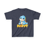 Kids Dinosaur T-Shirt — 'HAPPY' Cute Blue Dino Graphic Tee