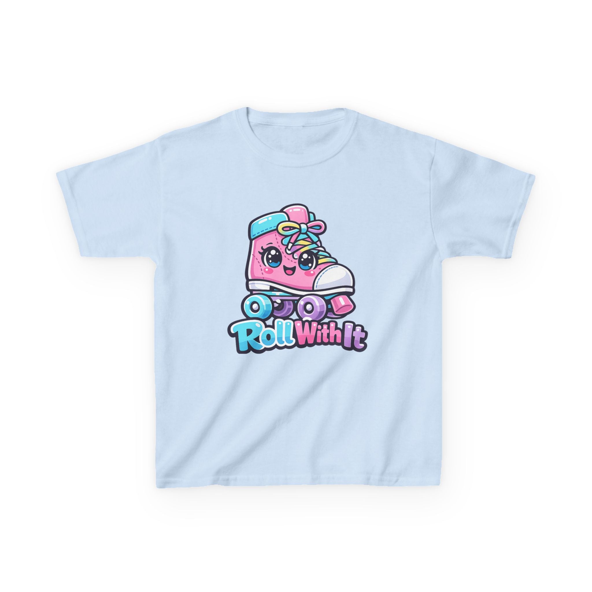 Kids Roller Skate T-Shirt — 'Roll With It' Cute Pink Roller Skate Graphic Tee