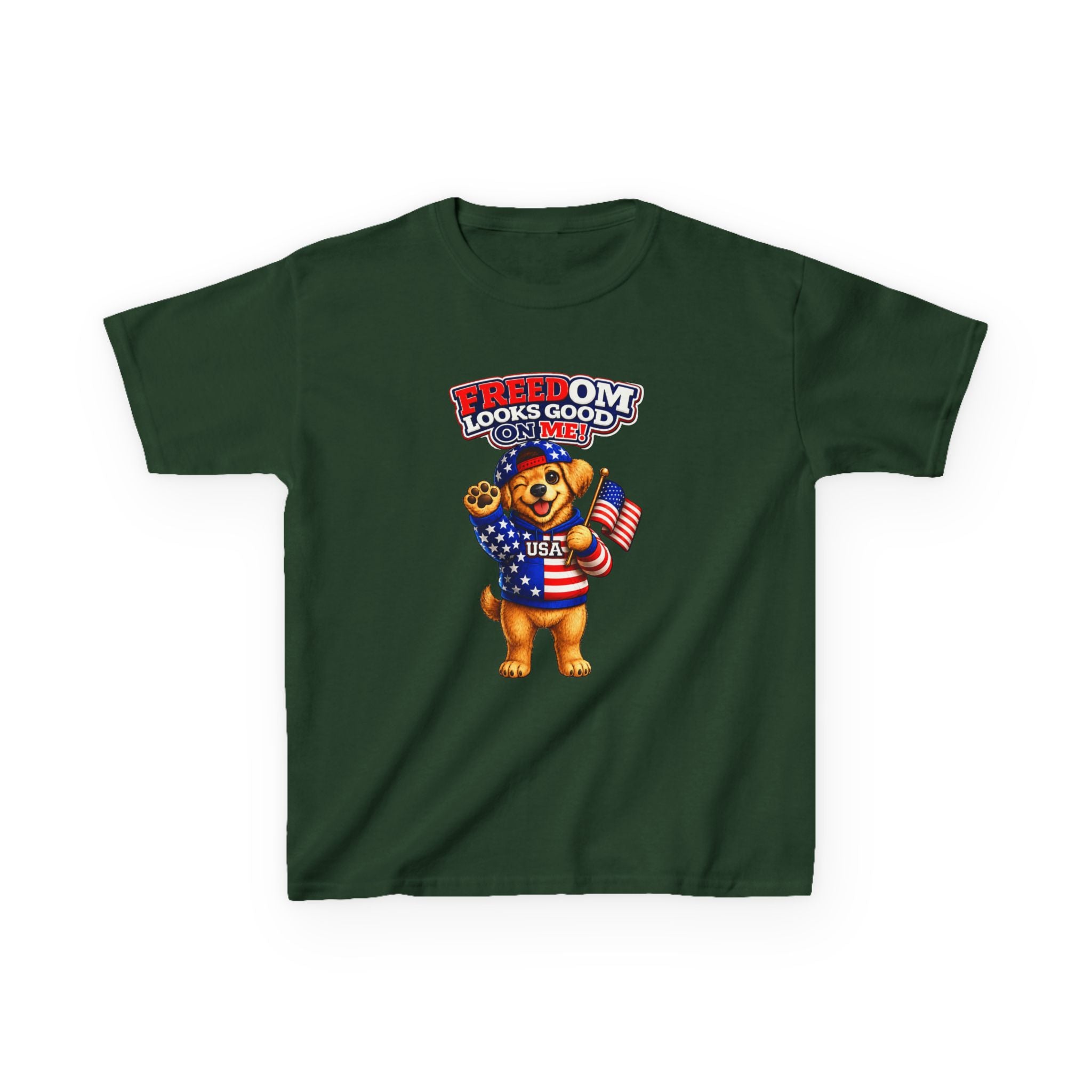 Kids Patriotic T-Shirt — 'Freedom Looks Good on Me' USA Dog Graphic Tee