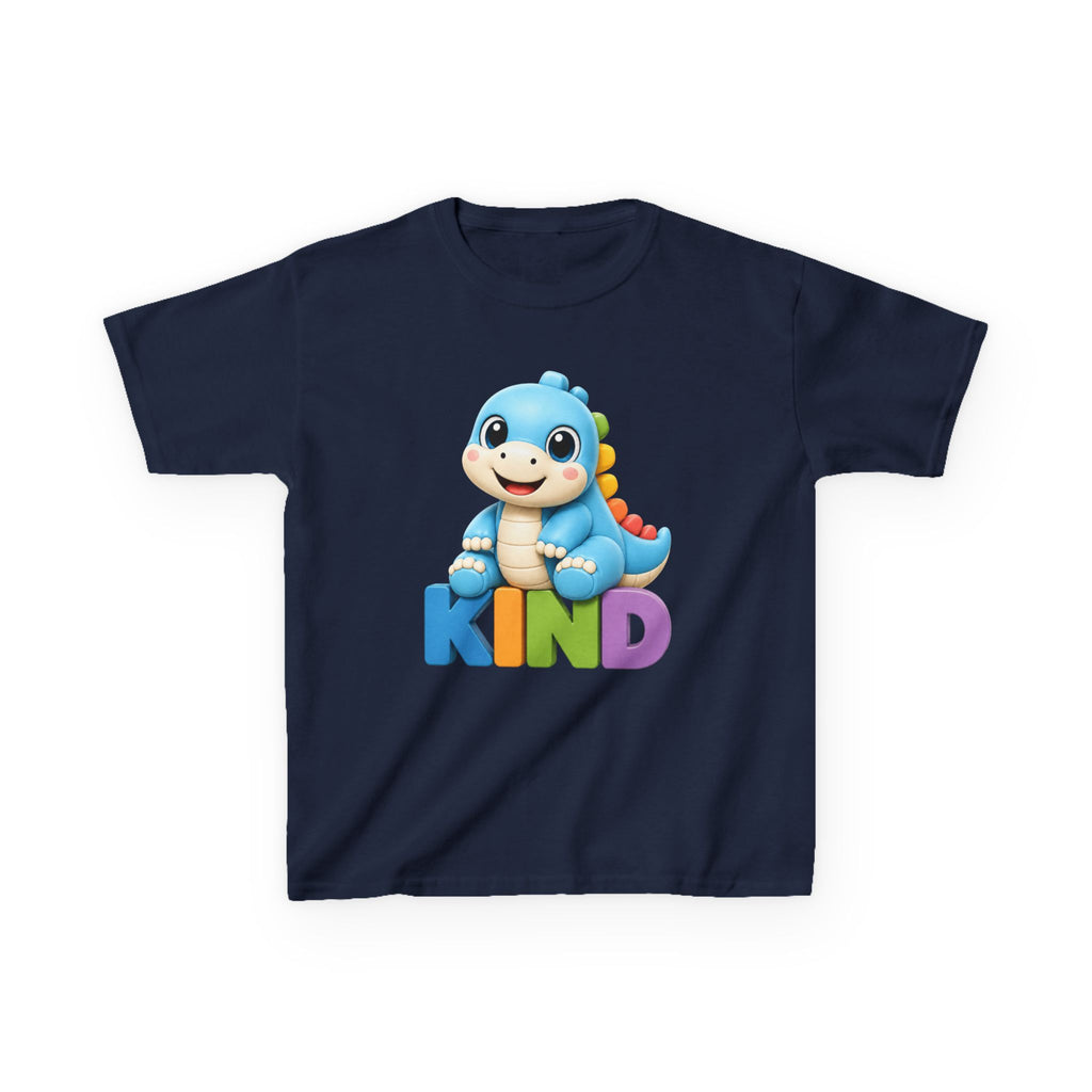 Kids Animal T-Shirt — 'KIND' Cute Blue Dinosaur Kindness Graphic Tee