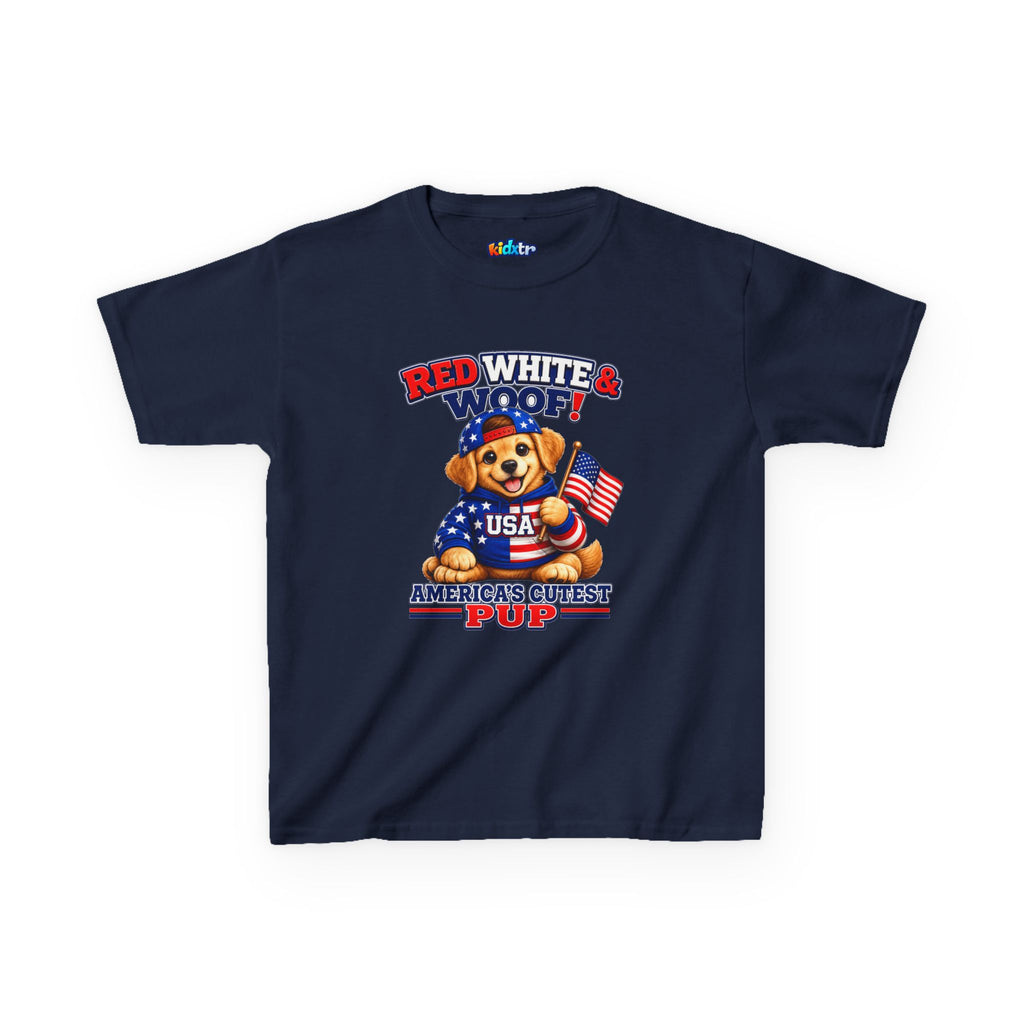 Kidxtr™ Kids Patriotic T-Shirt — 'Red White & Woof!' USA Dog Graphic Tee