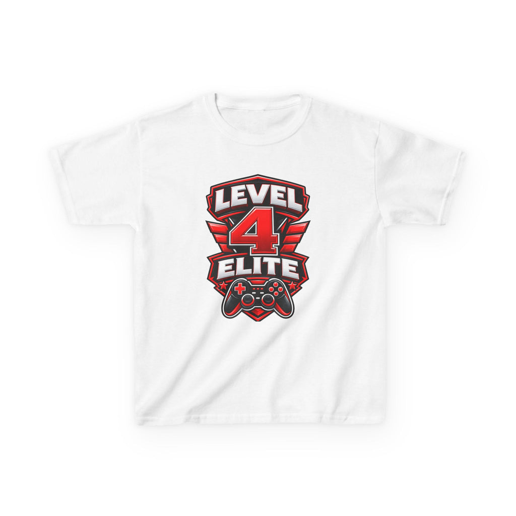 Kids Gamer T-Shirt — 'Level 4 Elite' Gamer Badge Graphic Tee