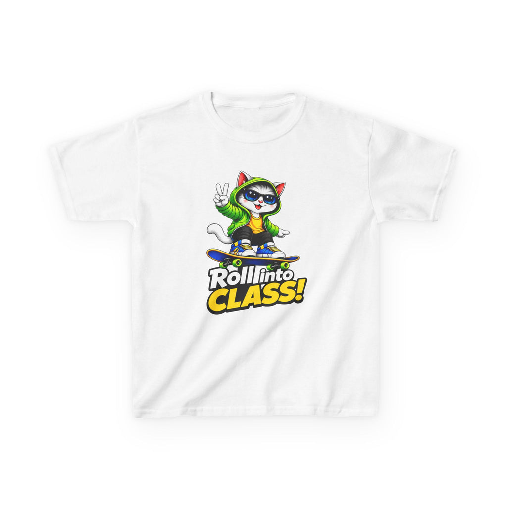 Kids Skateboarding Cat T-Shirt — 'Roll into Class!' Back-to-School Graphic Tee