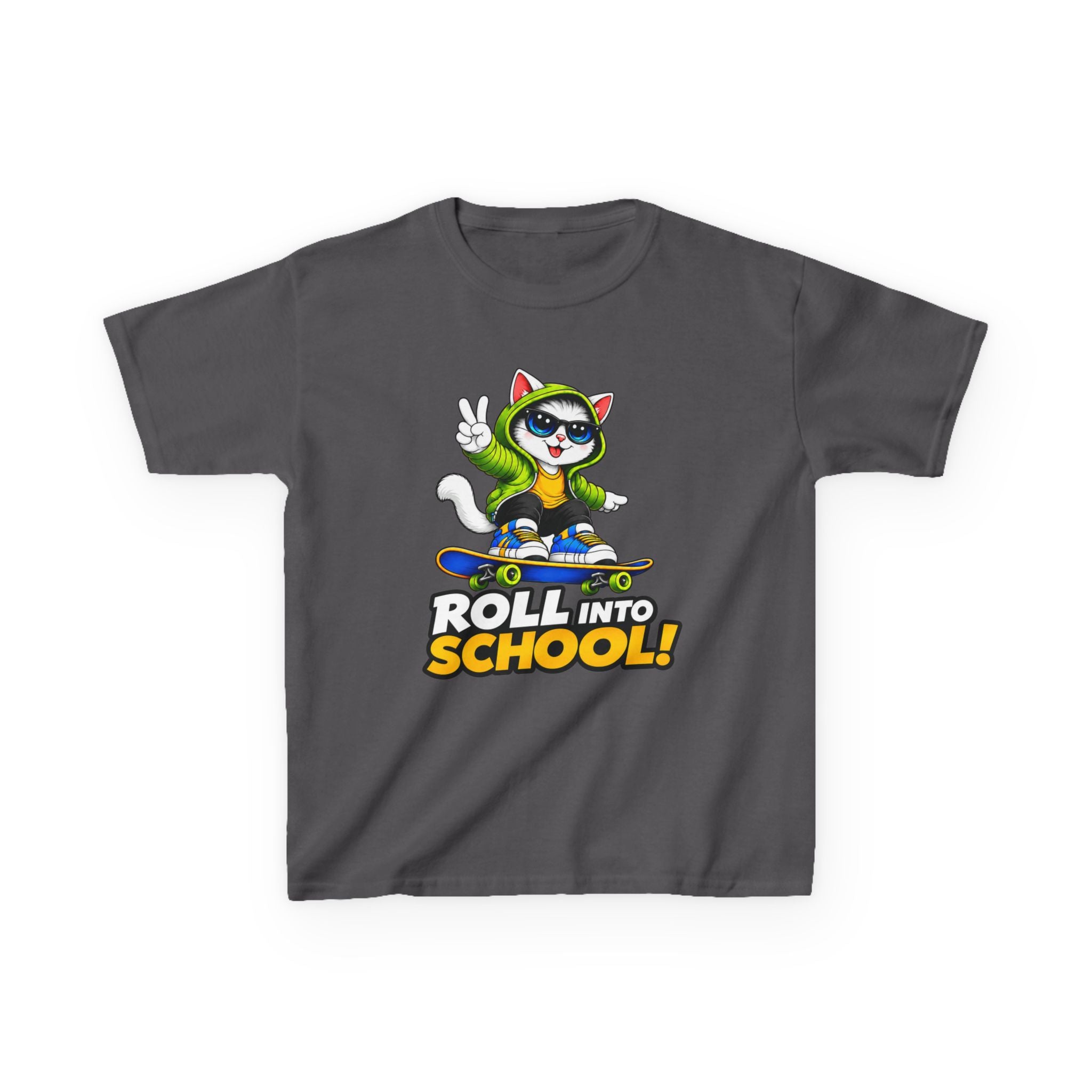 Kids Skateboarding Cat T-Shirt — 'Roll Into School' Back-to-School Graphic Tee
