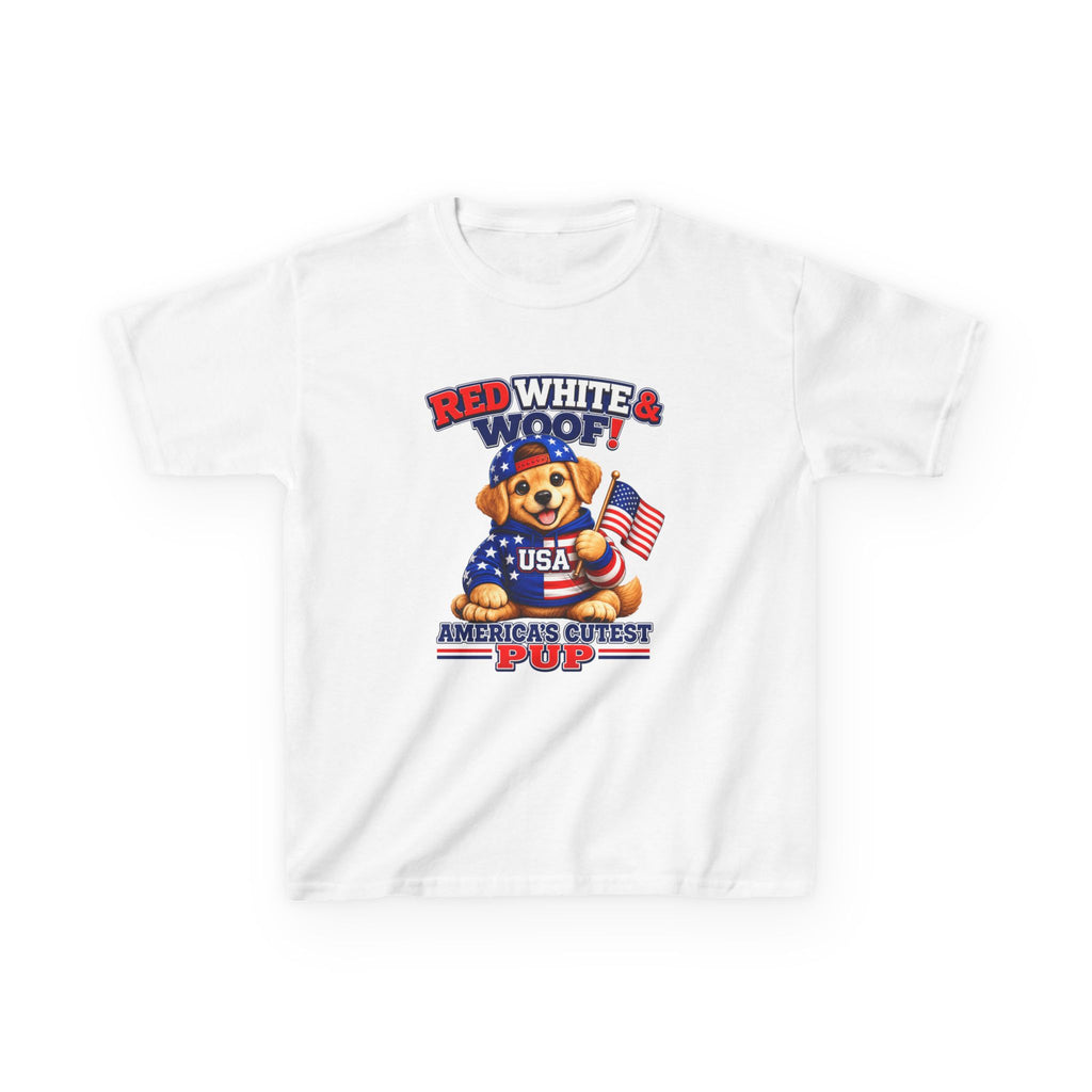 Kids Patriotic T-Shirt — 'Red White & Woof!' USA Dog Graphic Tee