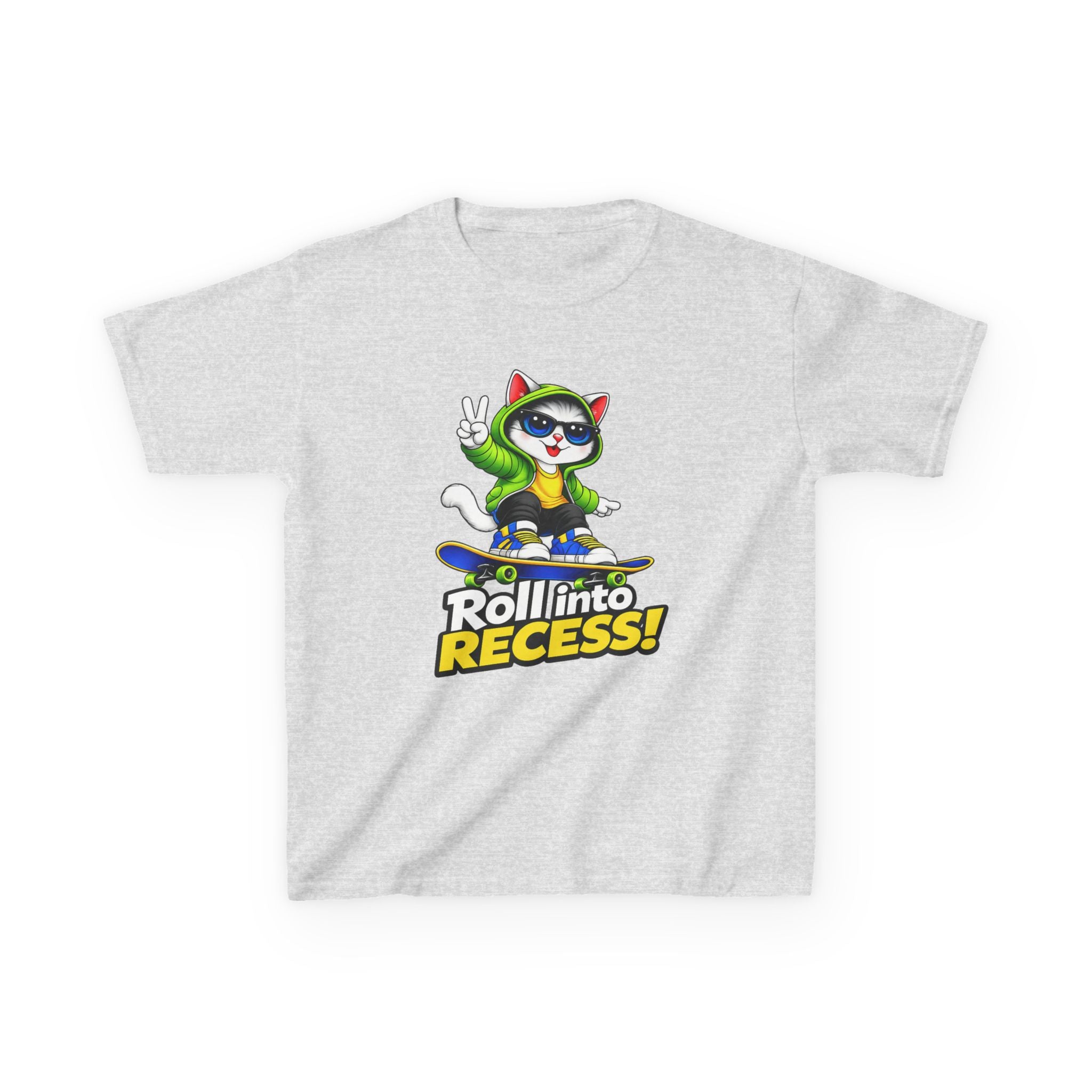 Kids Skateboarding Cat T-Shirt — 'Roll into Recess!' Graphic Tee