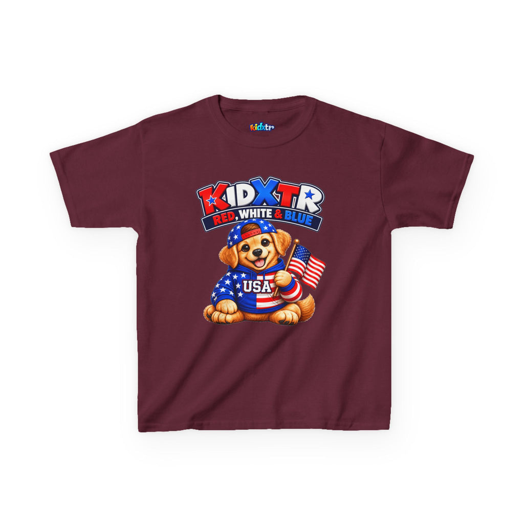 Kidxtr™ Kids Patriotic T-Shirt — 'Red, White & Blue' USA Dog Graphic Tee