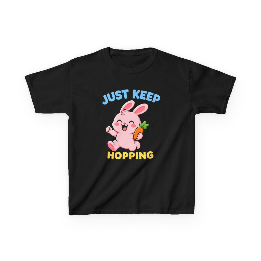 Kids Tee — “Just Keep Hopping” Cute Bunny Carrot Graphic